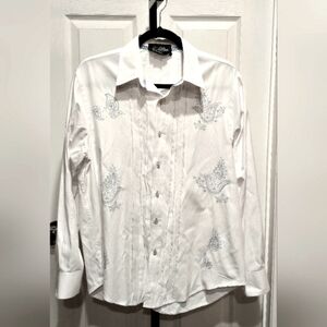 Lansky Bros. White Blue Embroidered Paisley Sport Button Down Shirt